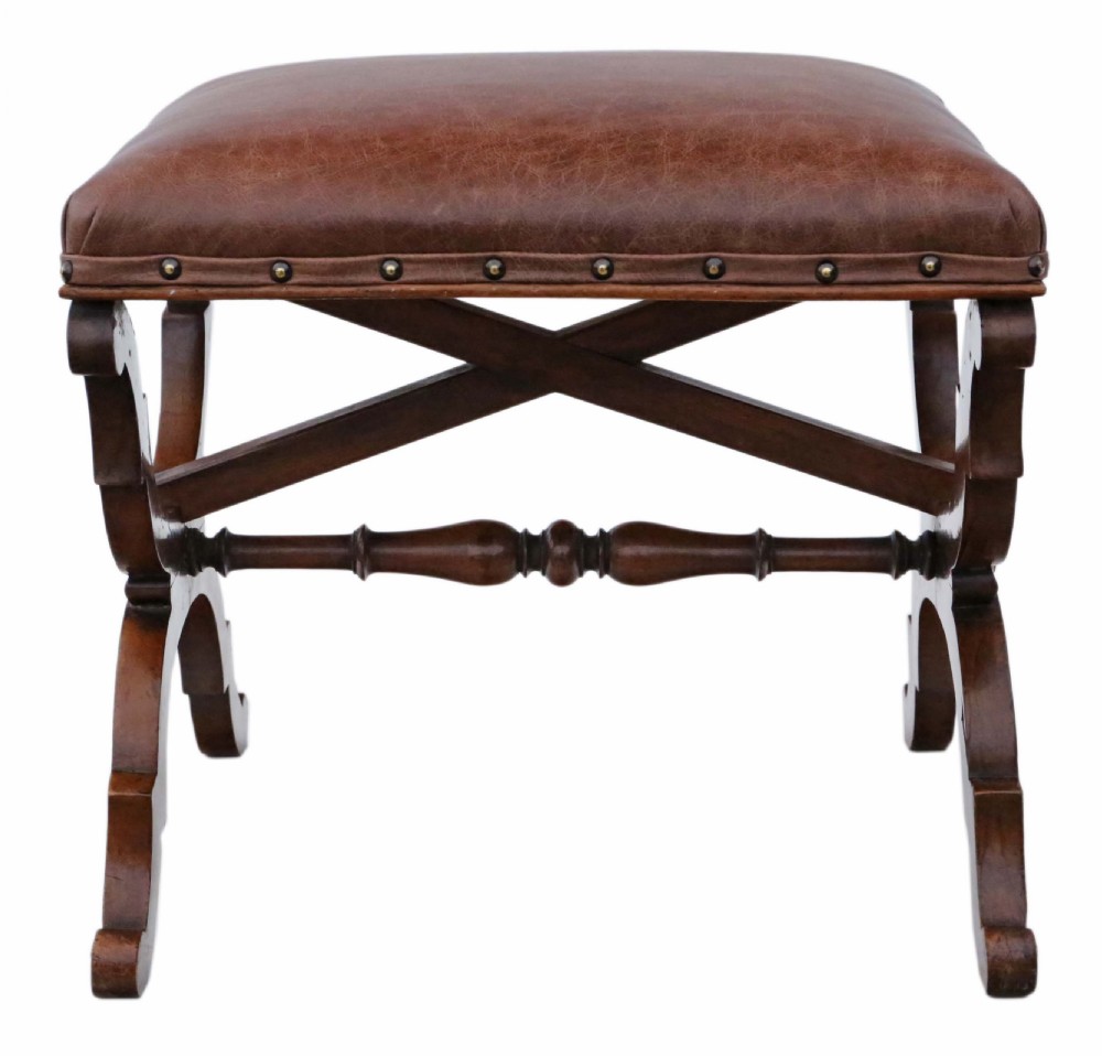 Victorian walnut leather x-frame stool View V