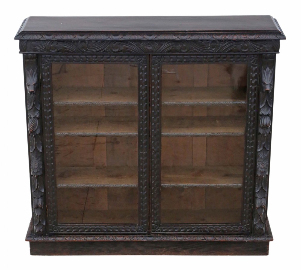 Victorian C1900 carved oak glazed bookcase