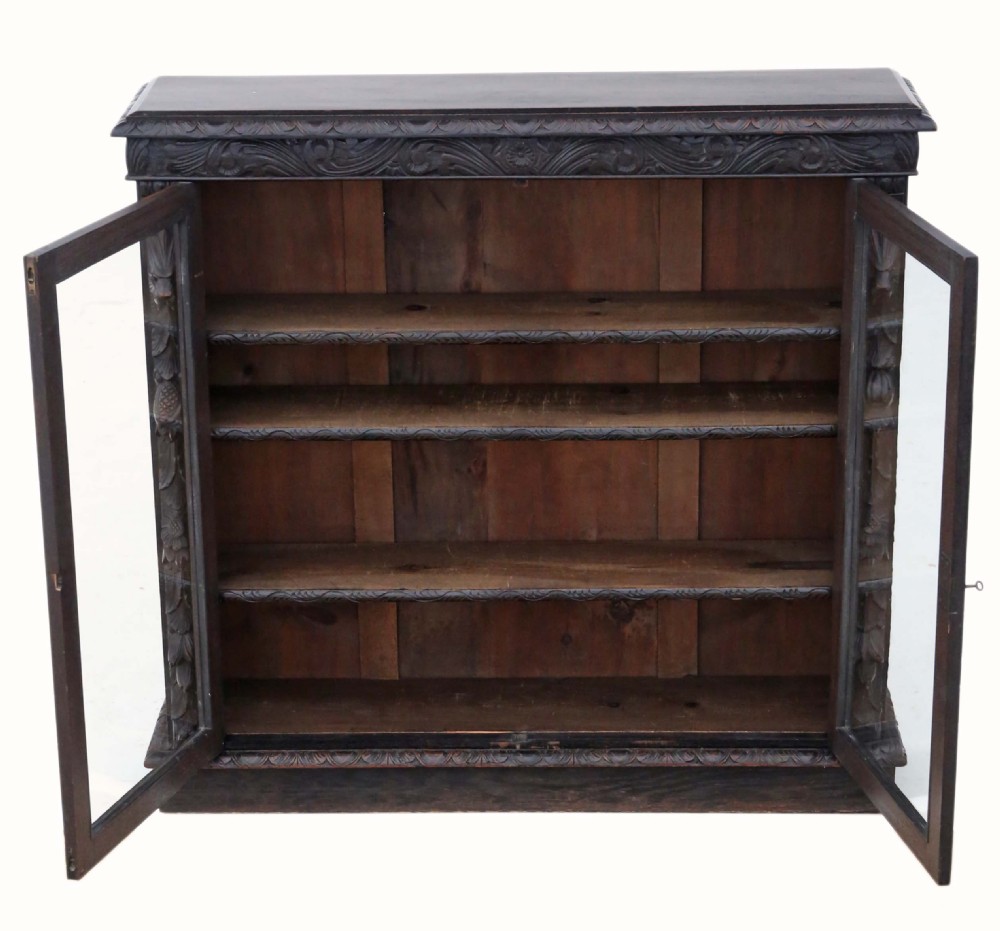 Victorian C1900 carved oak glazed bookcase View II