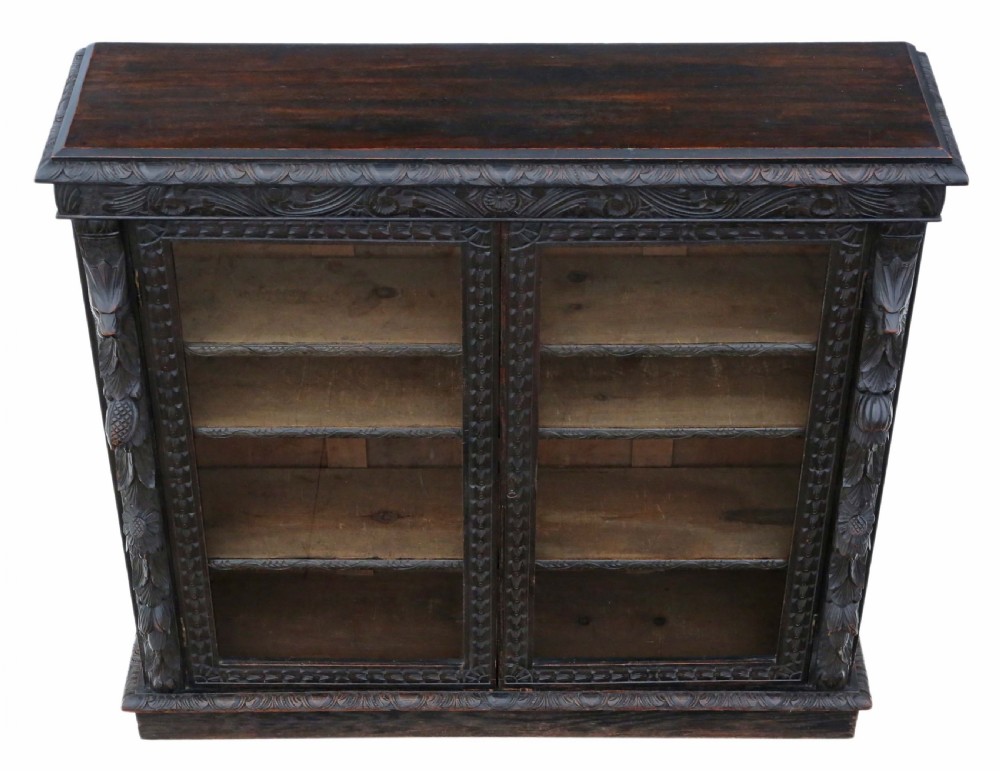 Victorian C1900 carved oak glazed bookcase View III