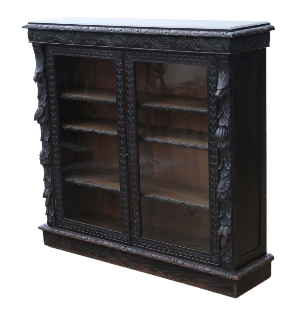 Victorian C1900 carved oak glazed bookcase View V