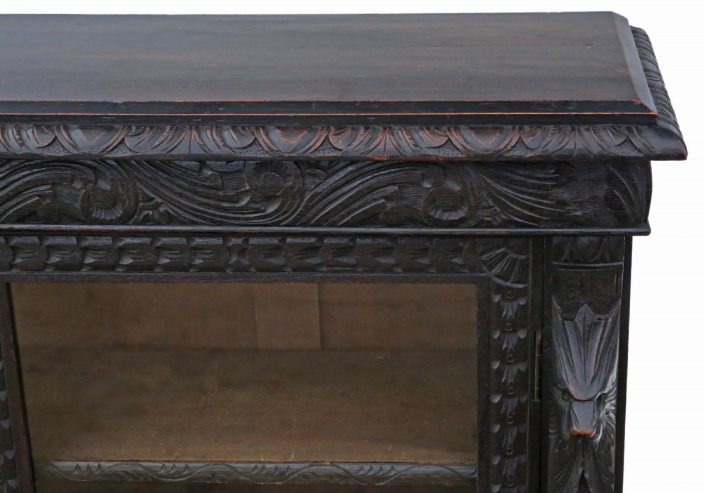 Victorian C1900 carved oak glazed bookcase View VI