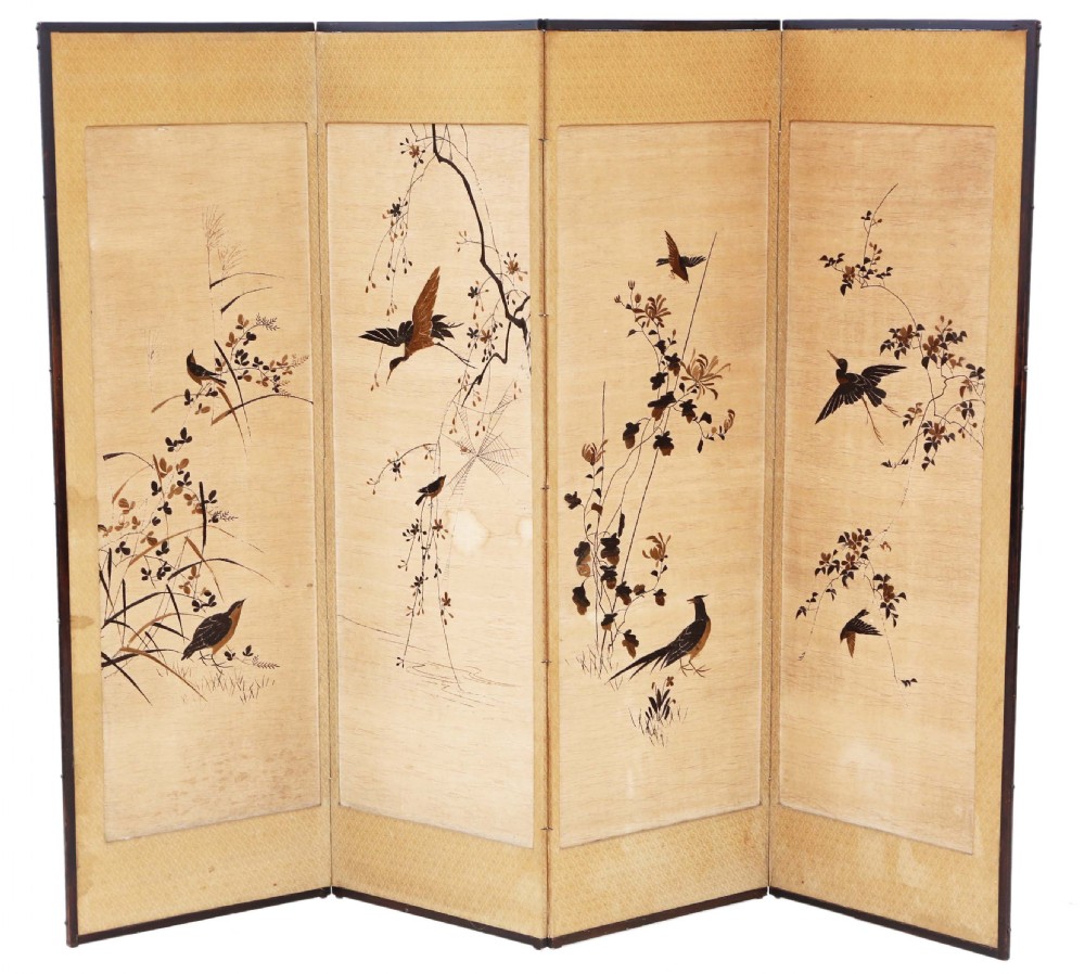 Victorian Chinoiserie birds oak framed dressing screen