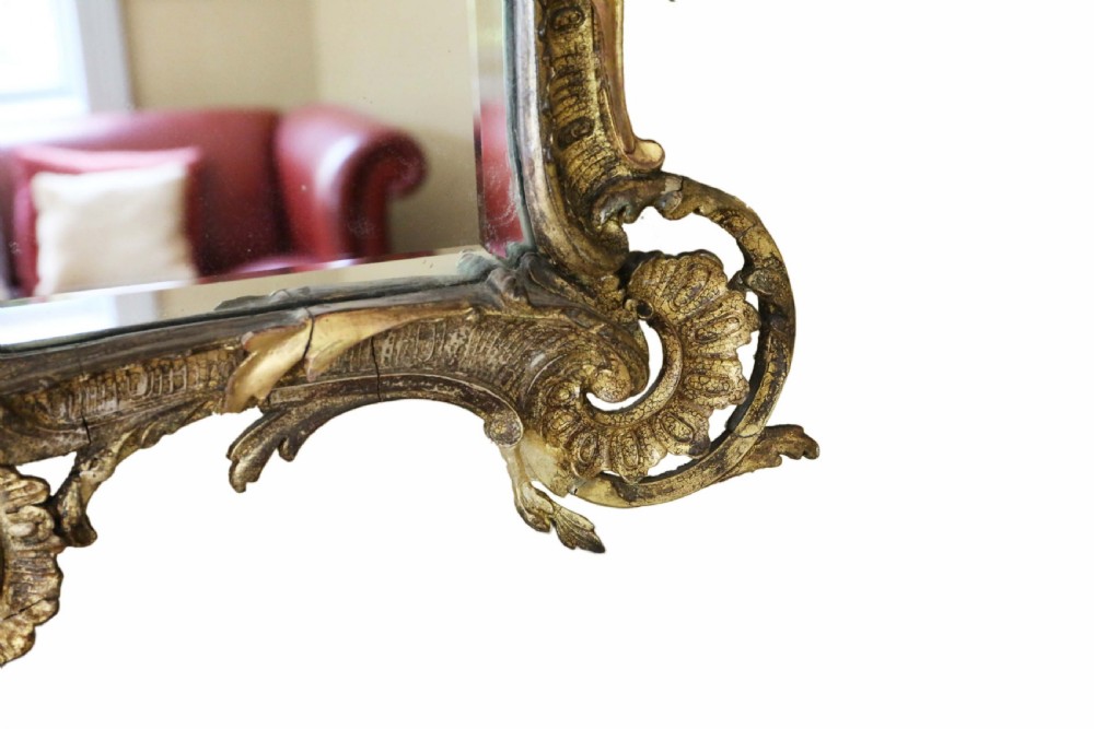 An ornate early 19th-century Rococo Revival style rectangular giltwood wall mirror featuring elaborate scrolling acanthus leaf carvings and a central shell cresting. View VIII