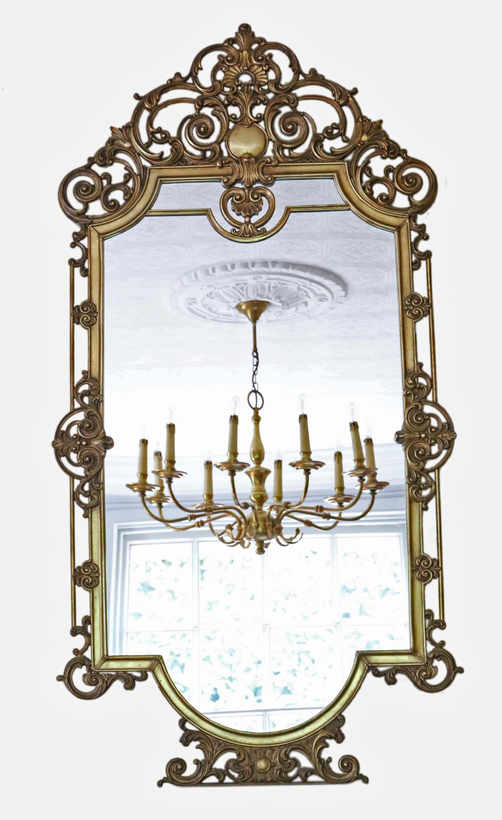Antique large quality early 20th Century brass ormolu overmantle wall mirror