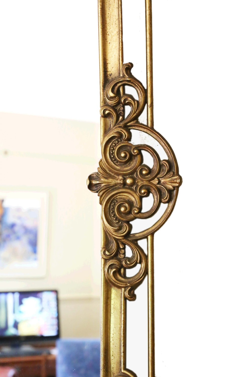 Antique large quality early 20th Century brass ormolu overmantle wall mirror View V