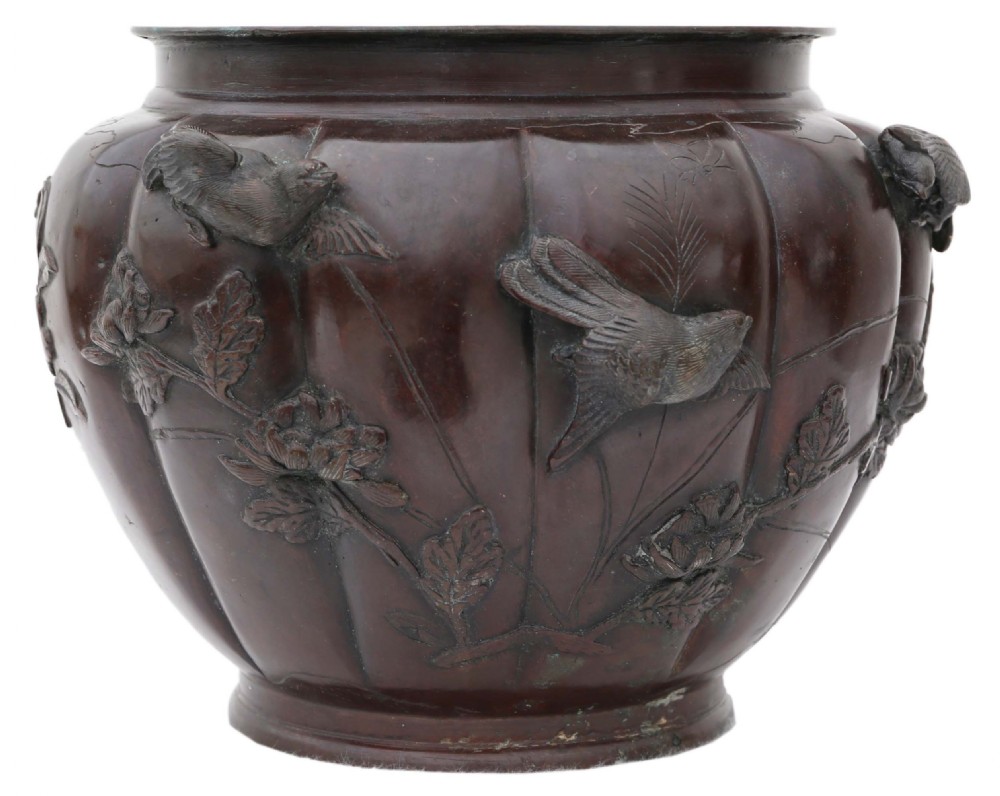 Antique large Japanese 19th Century bronze jardiniere planter bowl View III