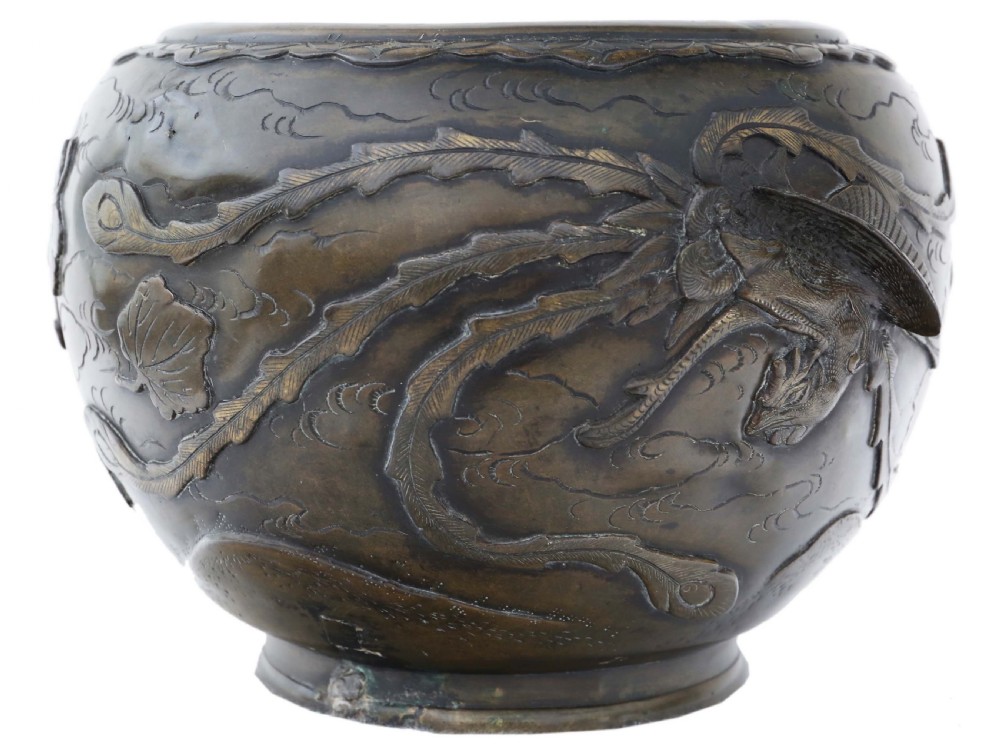 Antique large Oriental Early 20C bronze jardiniere planter bowl View II