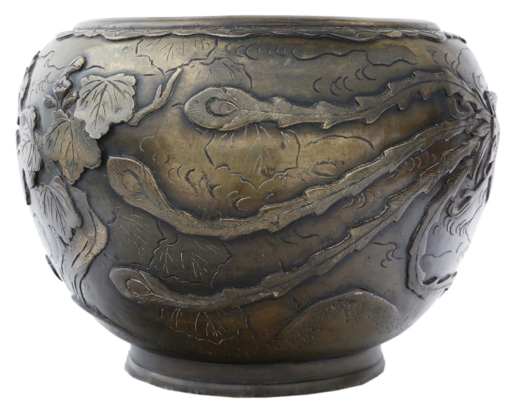 Antique large Oriental Early 20C bronze jardiniere planter bowl View IV
