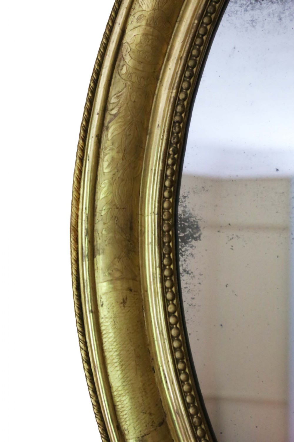 Antique large fine quality oval 19th Century gilt overmantle wall mirror View IV