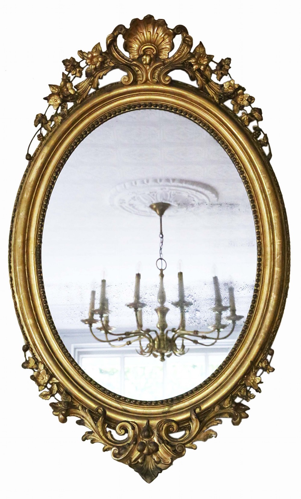 Antique large fine quality oval gilt overmantle wall mirror 19th Century