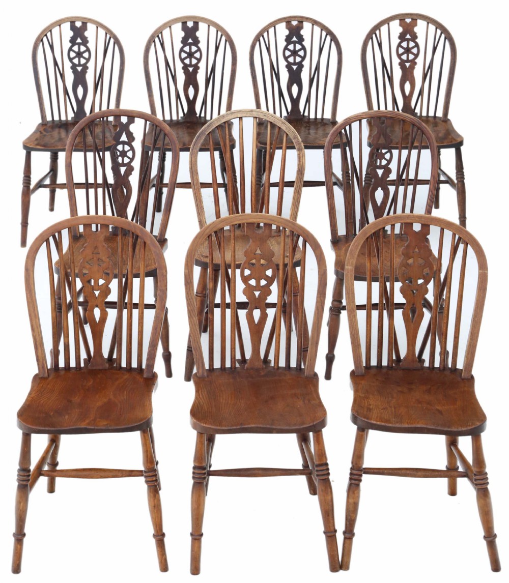 Antique harlequin set of 10 ash elm & beech kitchen dining chairs 19th Century