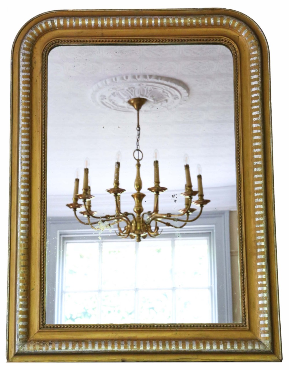 Antique large 19th Century silver gilt and gold finish overmantle wall mirror