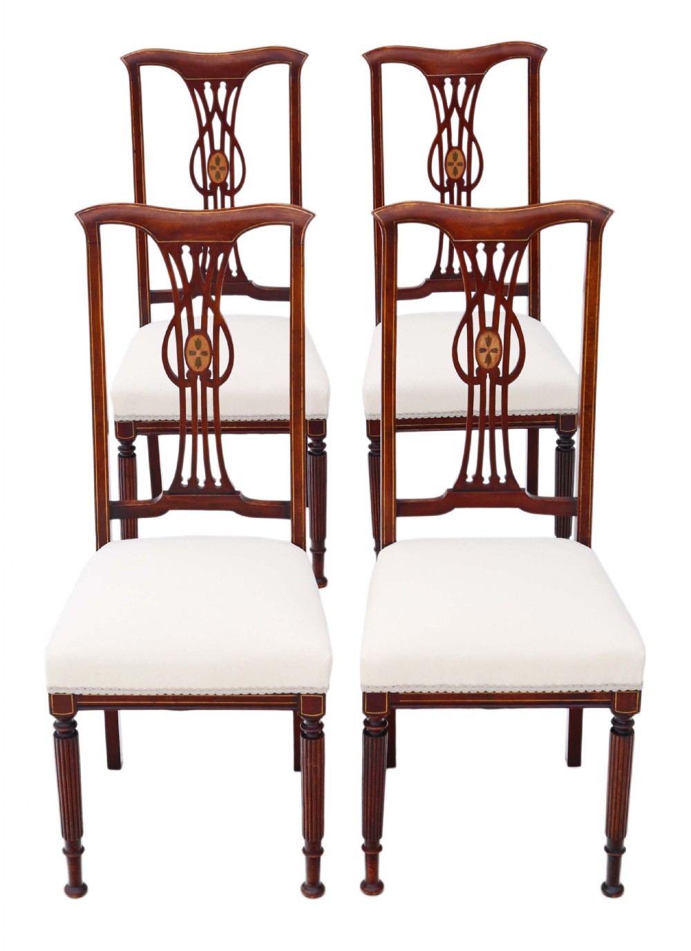 Antique set of 4 Victorian C1900 Art Nouveau inlaid mahogany dining chairs