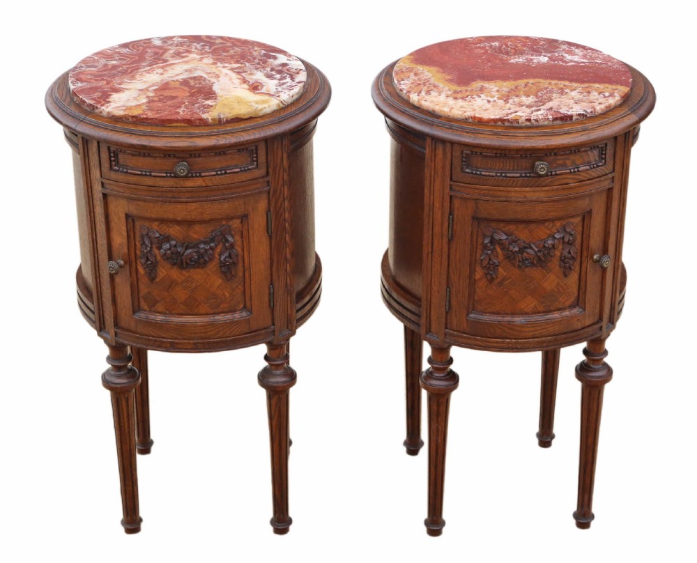 Pair of French oak cylindrical bedside tables cupboards marble