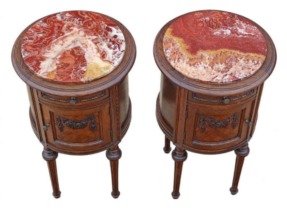 Pair of French oak cylindrical bedside tables cupboards marble View II