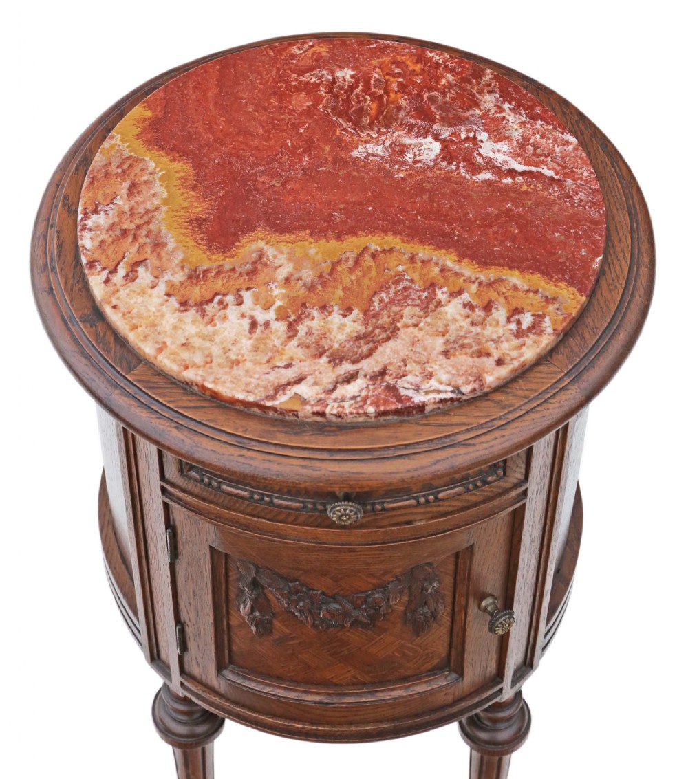 Pair of French oak cylindrical bedside tables cupboards marble View III