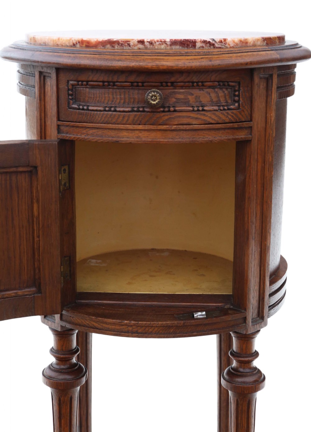 Pair of French oak cylindrical bedside tables cupboards marble View IV