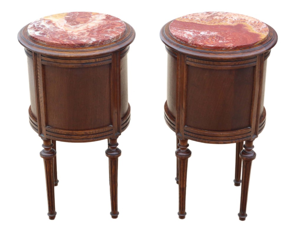 Pair of French oak cylindrical bedside tables cupboards marble View V
