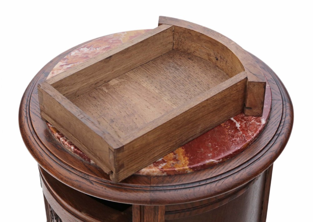 Pair of French oak cylindrical bedside tables cupboards marble View VII