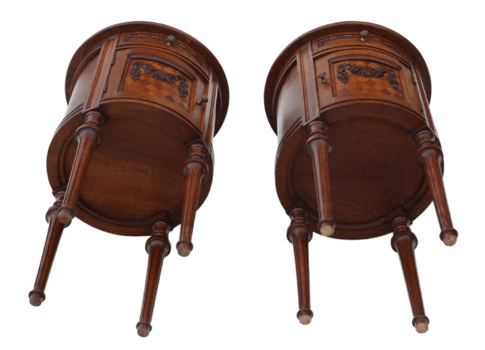 Pair of French oak cylindrical bedside tables cupboards marble View VIII