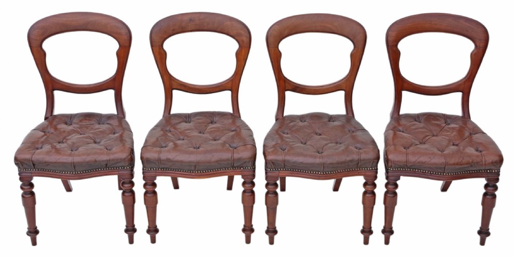 Set of 4 Victorian mahogany leather balloon back dining chairs
