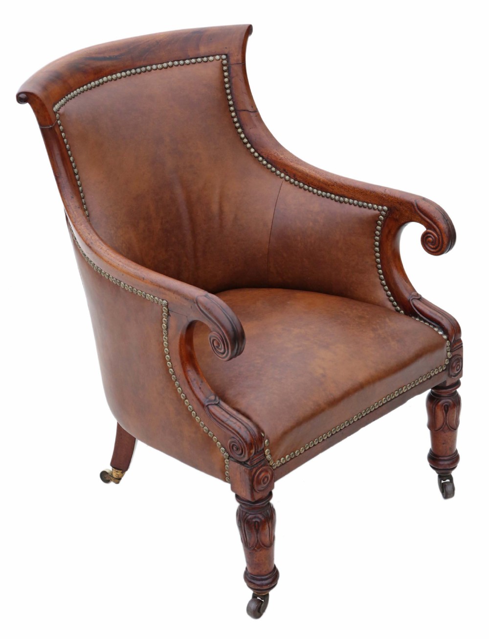 Regency mahogany leather library armchair View II