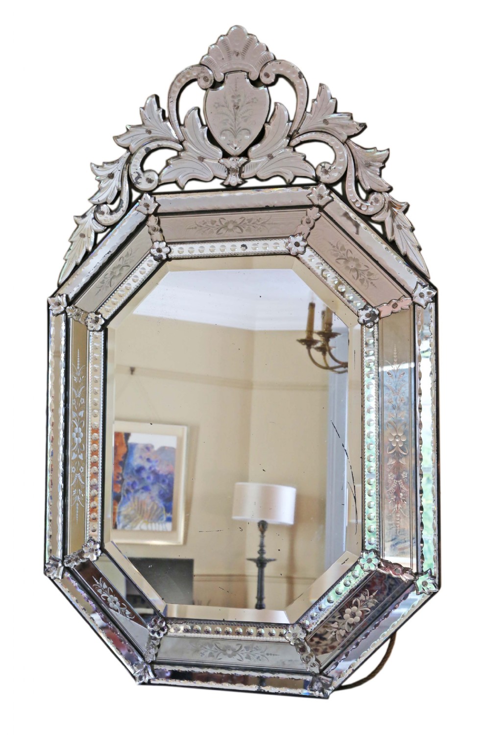 Antique 19th Century large quality Venetian glass overmantle or wall mirror View VII