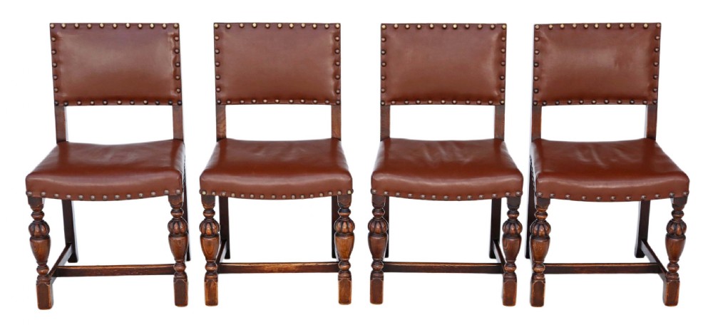 Set of 4 C1920 oak and leather dining chairs Jacobean revival
