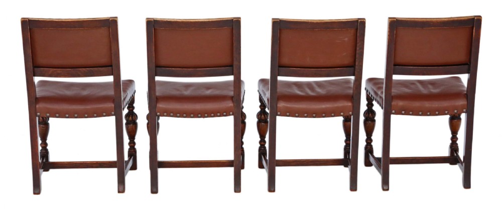 Set of 4 C1920 oak and leather dining chairs Jacobean revival View II