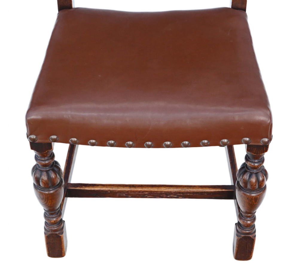 Set of 4 C1920 oak and leather dining chairs Jacobean revival View VII