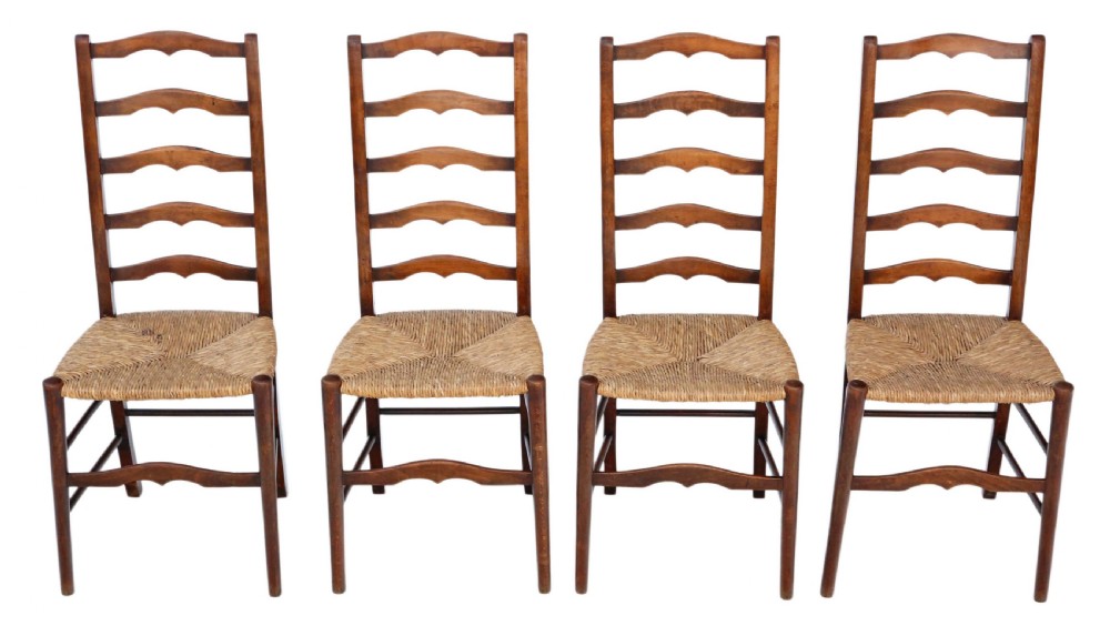 Set of 4 C1910-20 beech and rush kitchen dining chairs