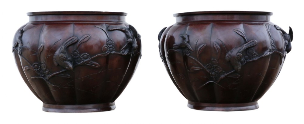 Pair of fine quality Japanese bronze jardinieres planters bowls Meiji period View II