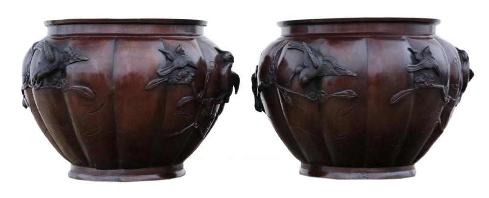 Pair of fine quality Japanese bronze jardinieres planters bowls Meiji period View III