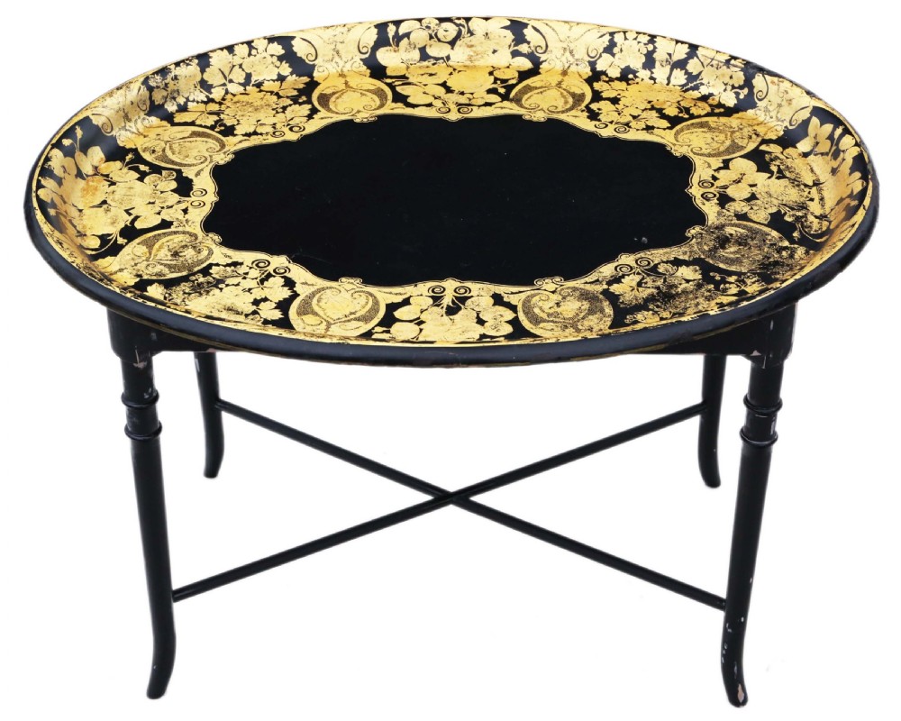 Victorian decorated black lacquer tray on stand coffee table