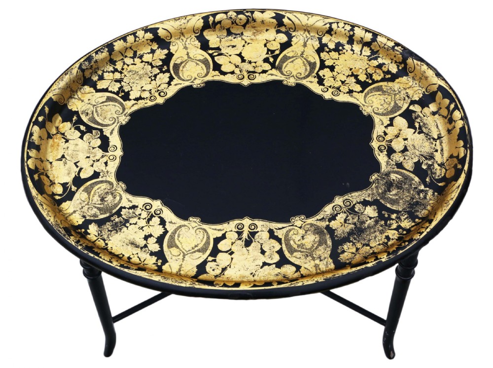 Victorian decorated black lacquer tray on stand coffee table View II