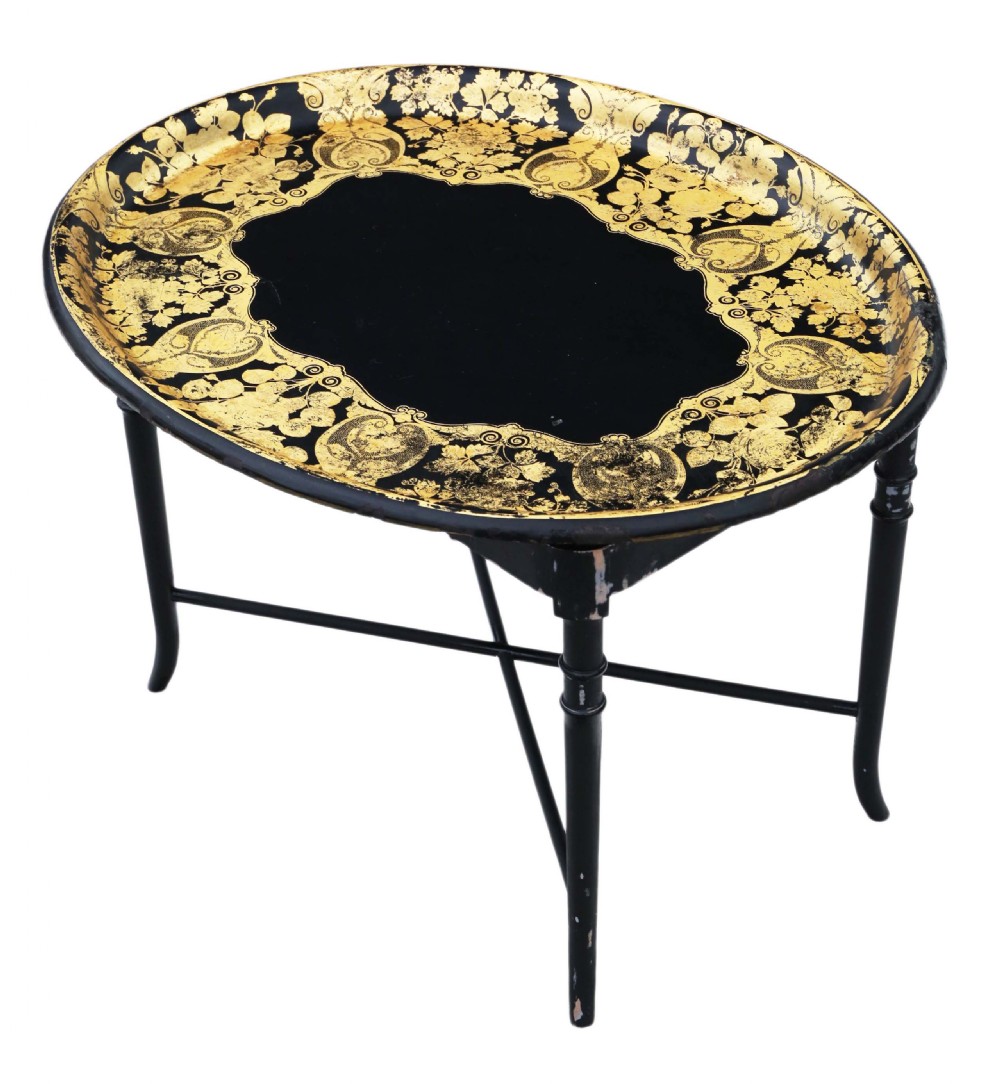 Victorian decorated black lacquer tray on stand coffee table View III