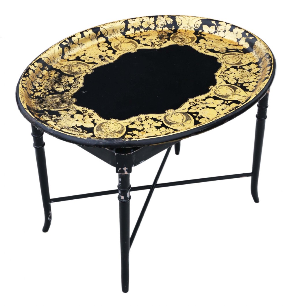 Victorian decorated black lacquer tray on stand coffee table View IV