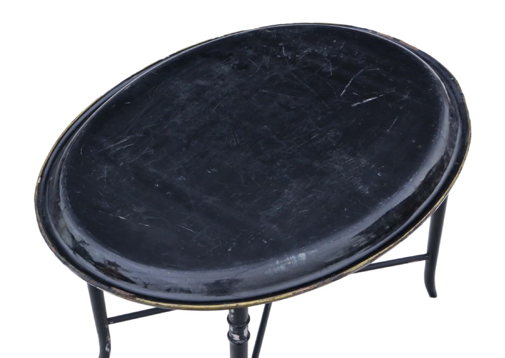 Victorian decorated black lacquer tray on stand coffee table View VI