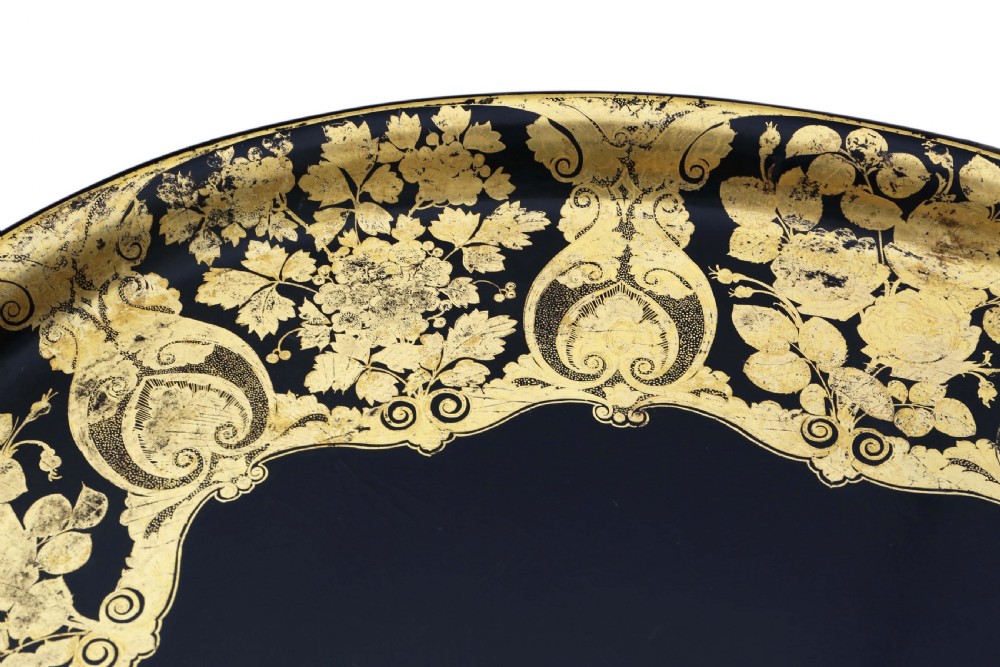 Victorian decorated black lacquer tray on stand coffee table View IX