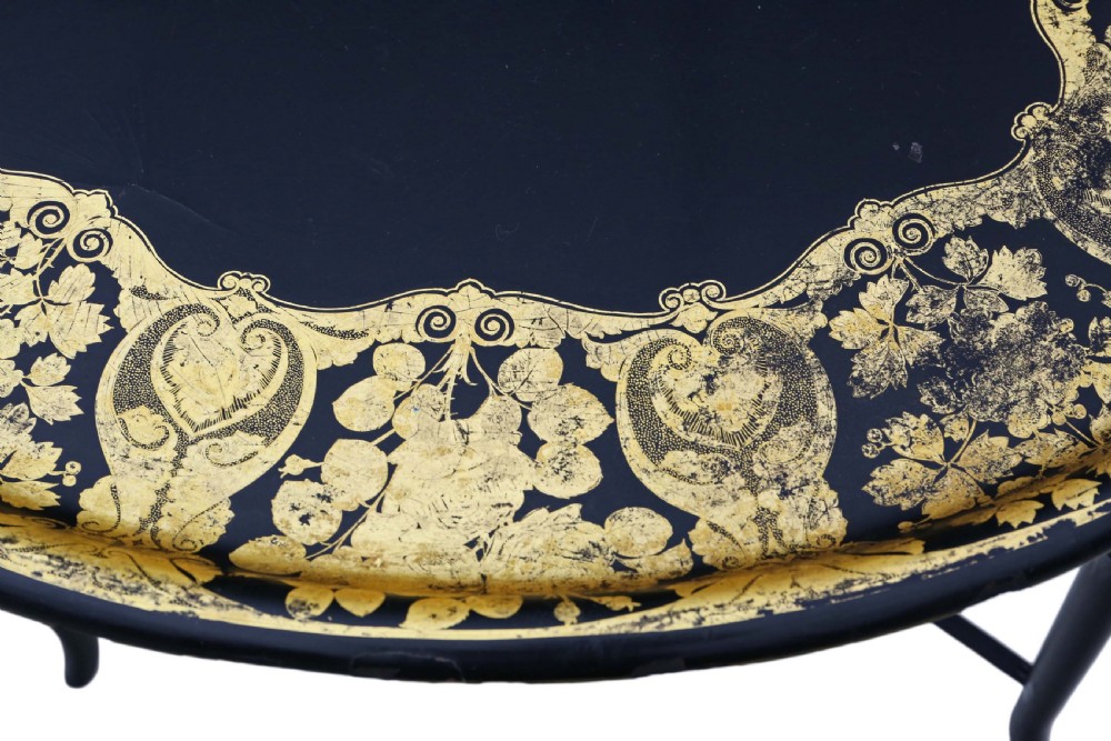 Victorian decorated black lacquer tray on stand coffee table View X