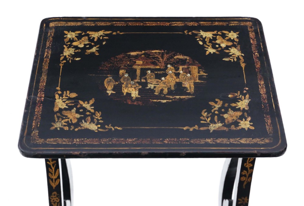 Victorian Chinoiserie nest of 3 decorated black lacquer tables View II