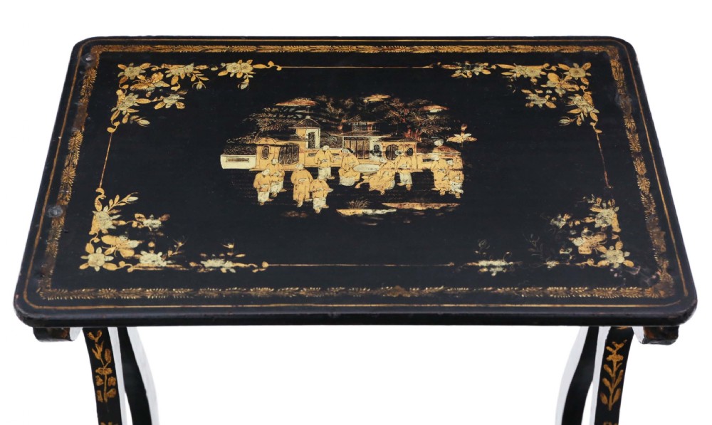 Victorian Chinoiserie nest of 3 decorated black lacquer tables View III