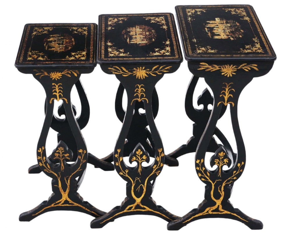 Victorian Chinoiserie nest of 3 decorated black lacquer tables View IV