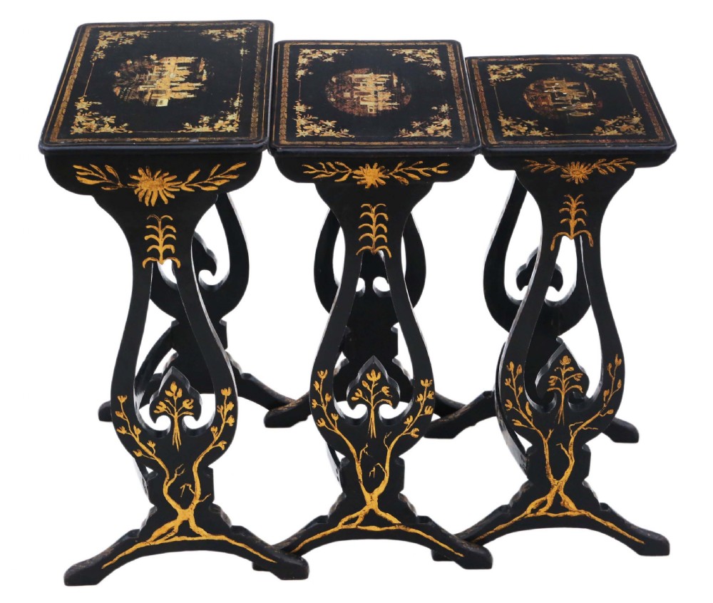 Victorian Chinoiserie nest of 3 decorated black lacquer tables View V