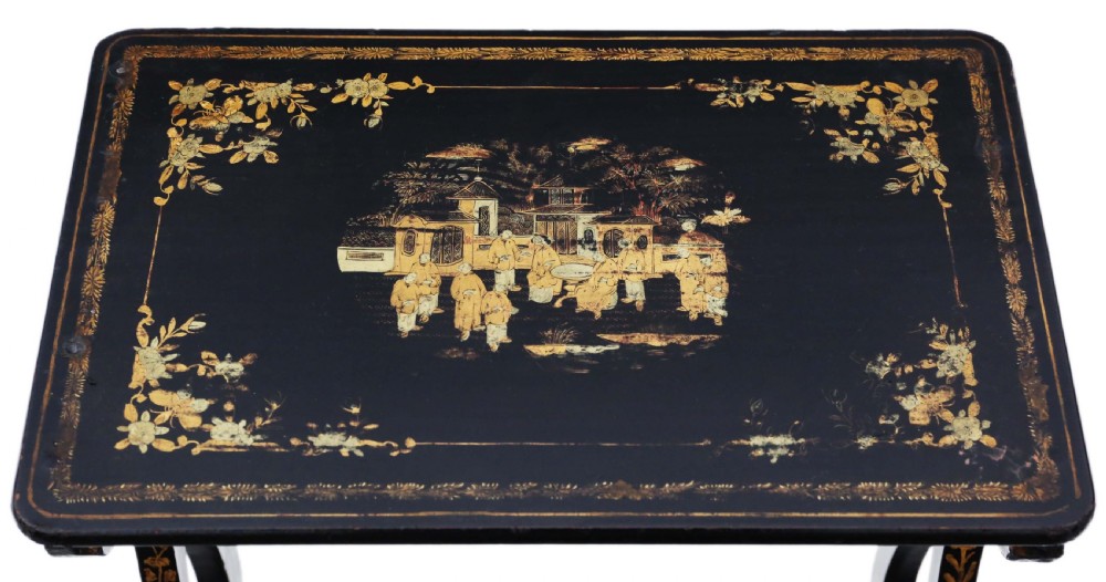 Victorian Chinoiserie nest of 3 decorated black lacquer tables View VI