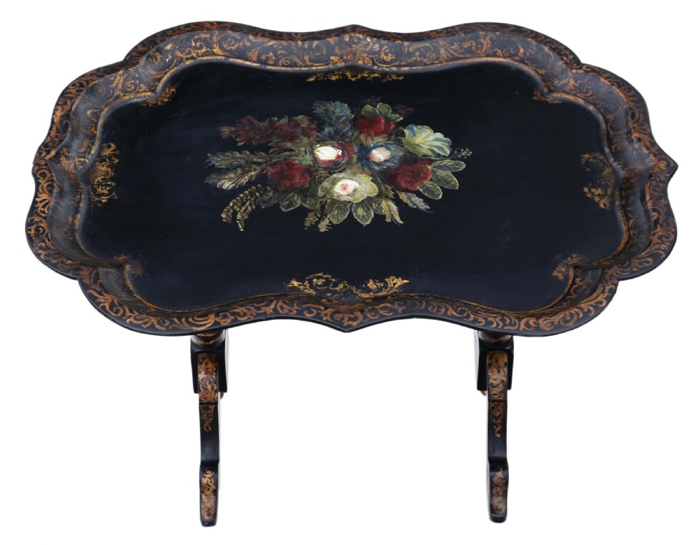 Victorian tilt top decorated black lacquer tray top table View II