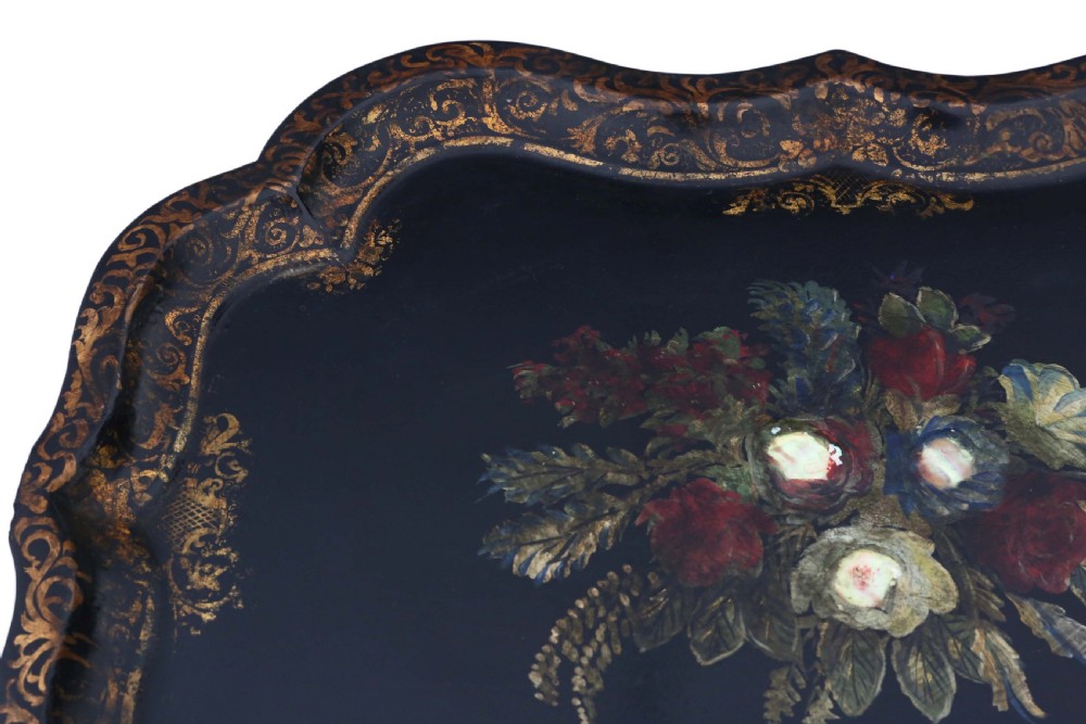 Victorian tilt top decorated black lacquer tray top table View III