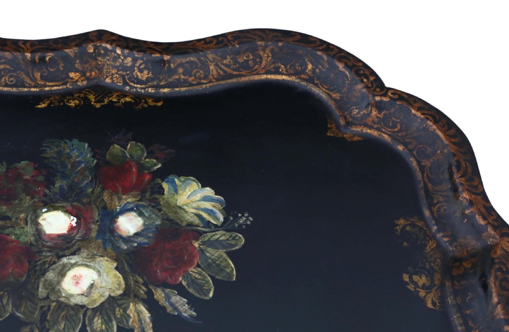 Victorian tilt top decorated black lacquer tray top table View IV