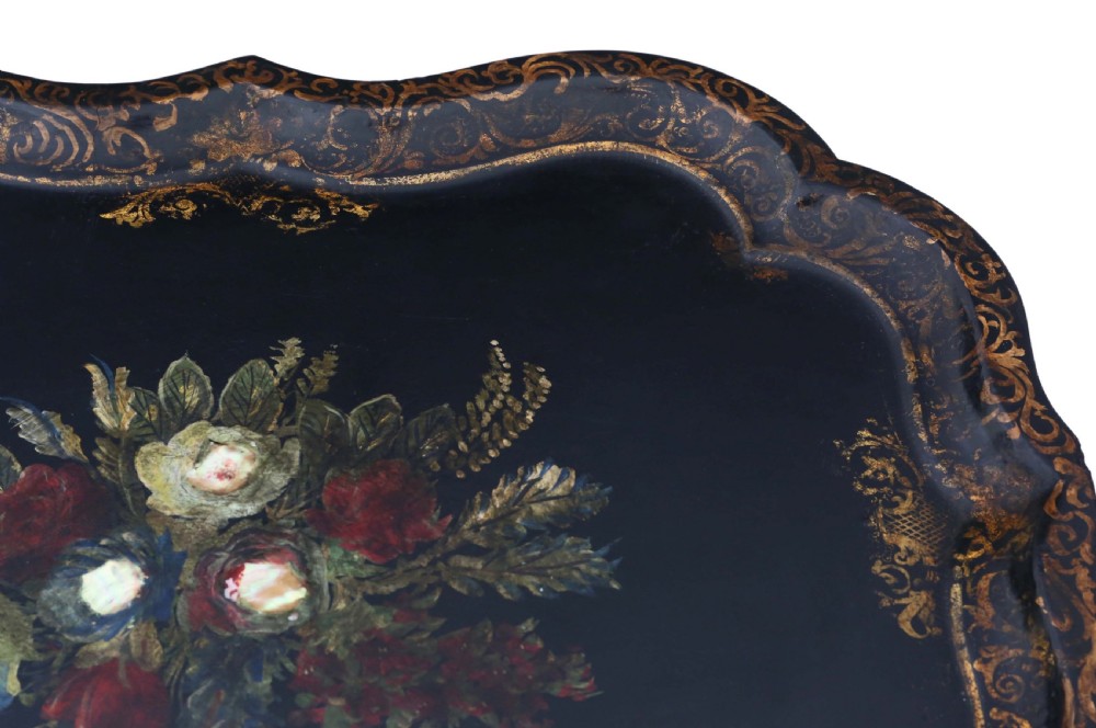 Victorian tilt top decorated black lacquer tray top table View V
